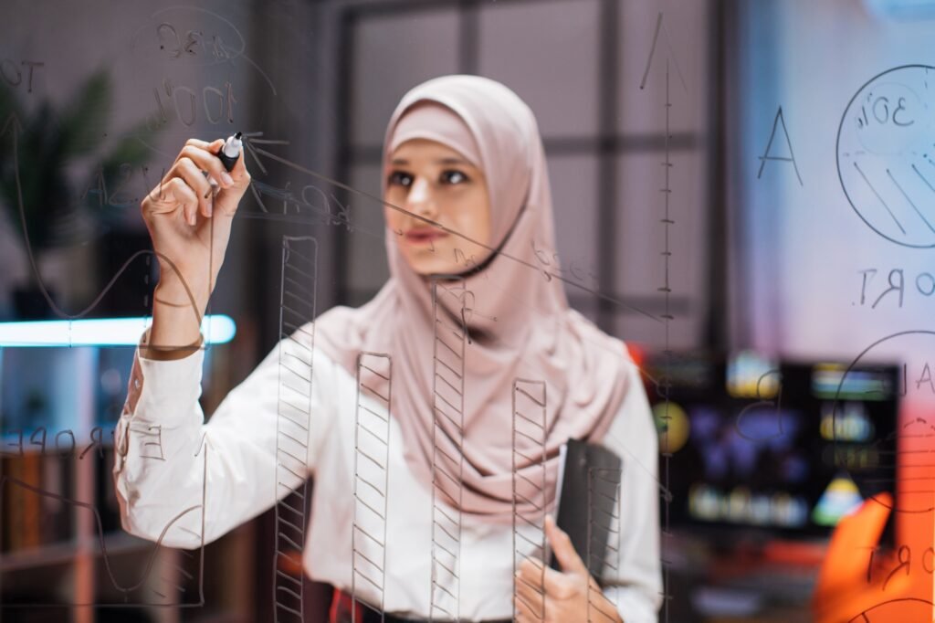 Confident female ceo manager, writing tasks or new startup ideas on glass wall